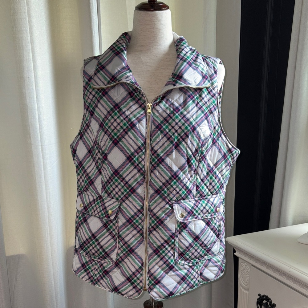 Crown & Ivy Plaid Quilted Vest - Pinks, Navy, Green, White
